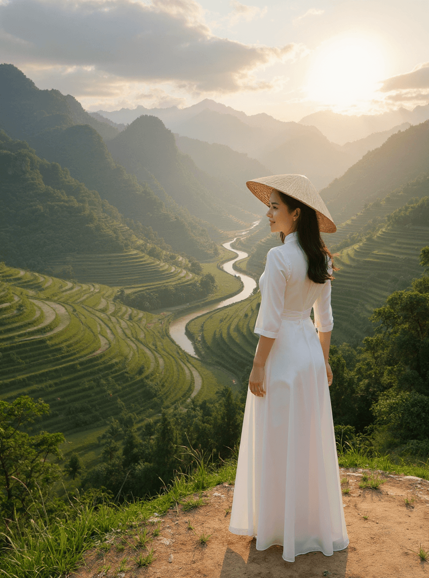 AI generated: A young Vietnamese woman wearing a flowing white áo dài and conical hat, standing on a high cliff ov...