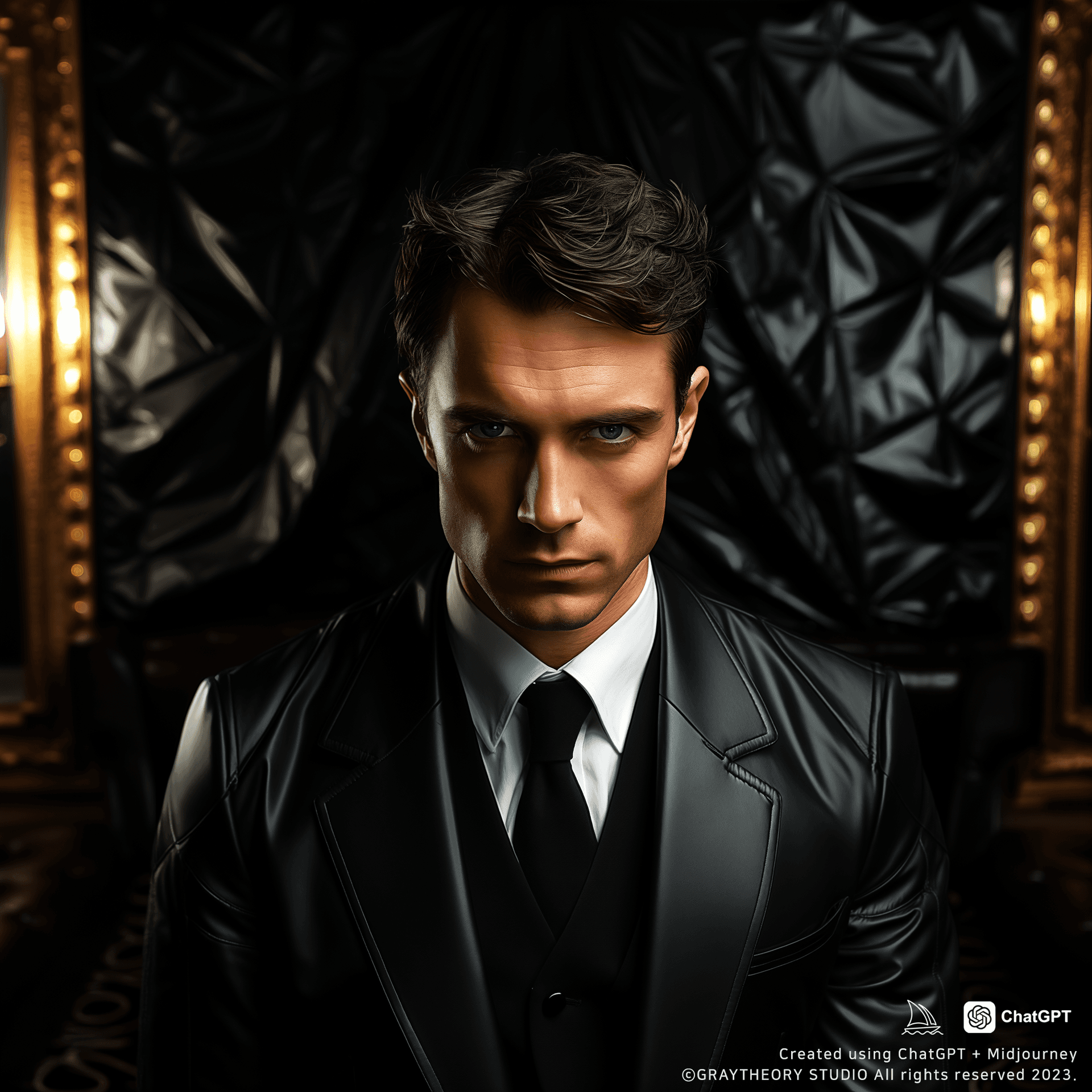 AI generated: realistic, man face, detail shot, suit, profound gaze, photo realistic, background black, --ar 1:1 -...