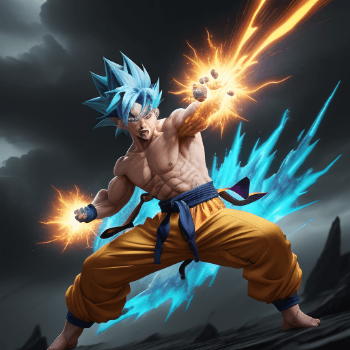 AI generated: "painterly style, Goku fighting at war, raging, blue hair, character design, body is adorned with gl...