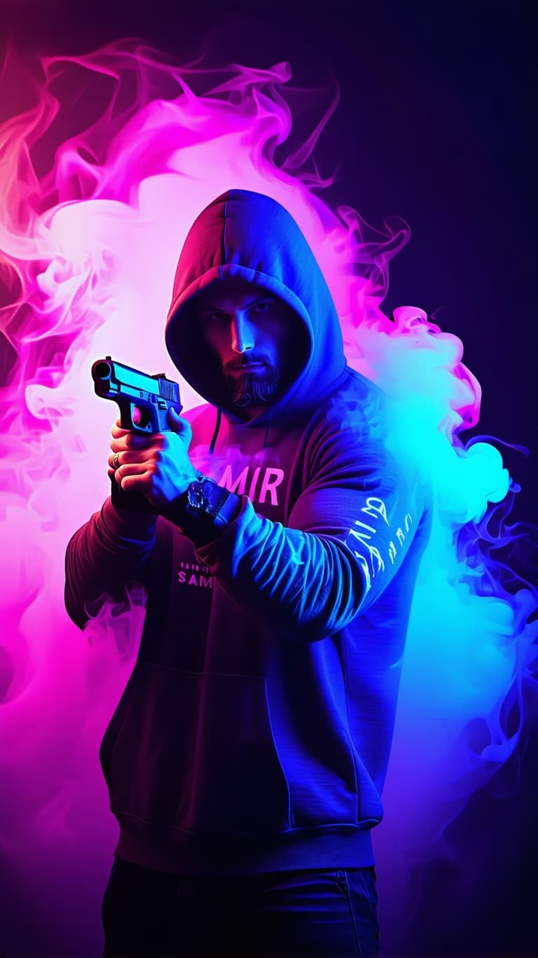 AI generated: dark with RGB neon lights background, BrutAL man wearing hoody, holding dual 9mm handguns, "SAMIR" w...