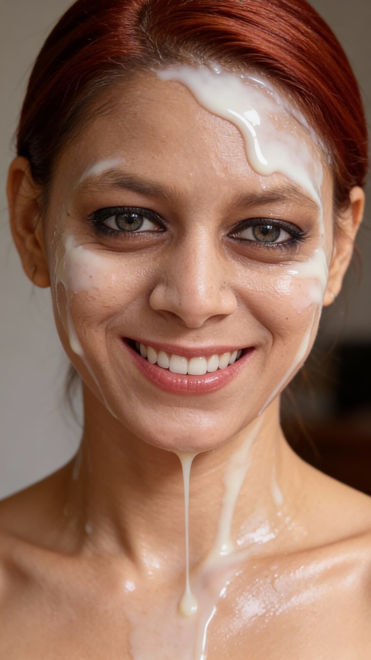 AI generated: The image is a close-up of an adult woman’s face. She has light-colored eyes and reddish-brown hair....