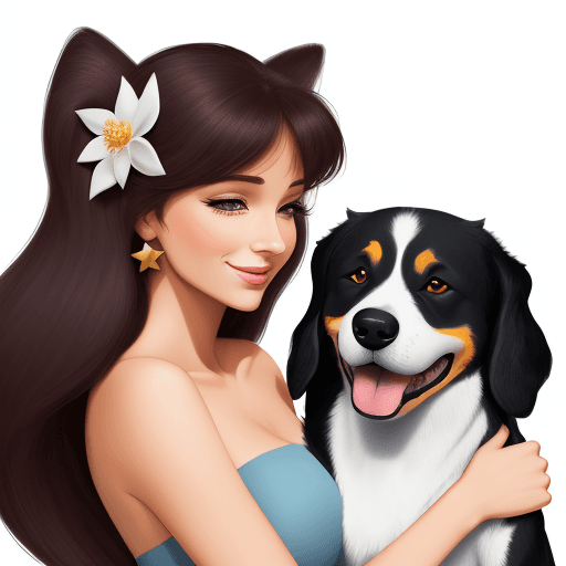 AI generated: a simple cartoon of a beautiful beautiful woman is next to her dog petting him and they are both smi...