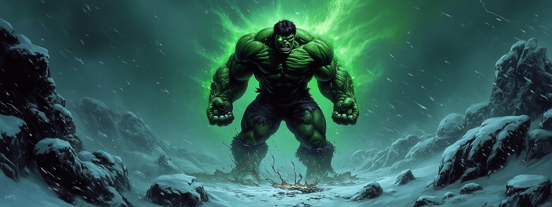 AI generated: Epic dark fantasy painting of the Incredible Hulk in a fierce, winter Scandinavian landscape during ...