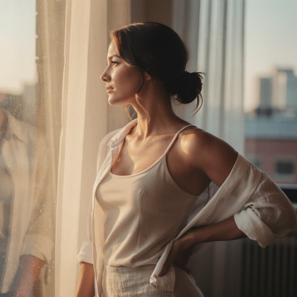 AI generated: A woman leans by a tall window as morning light pours over an athletic hourglass frame and relaxed p...