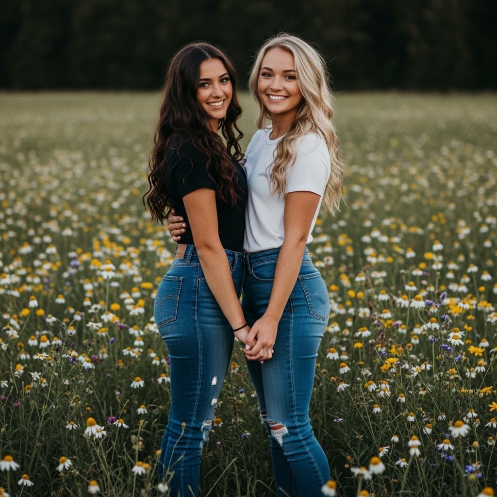 AI generated: Two young women. Standing side by side in a wildflower field, woman on left has long, dark brown, wa...