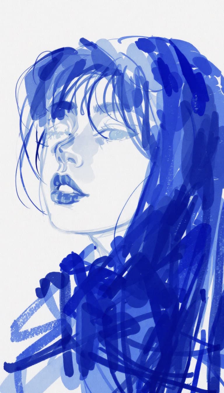 AI generated: girl, blue pen drawing, sketch