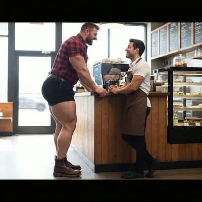 AI generated video: Bodybuilder walks in towards the male Hispanic barista, he flexes his arms and legs. The male Hispan...