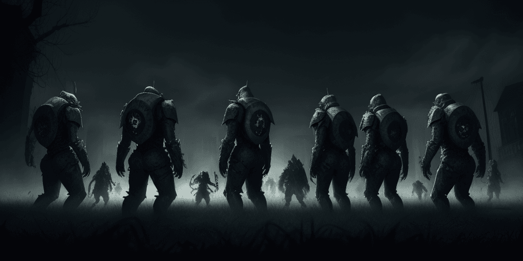 AI generated: distroyed ciy, scary, dead scary monsters, night, team of humans wairing shields looking to the scen...