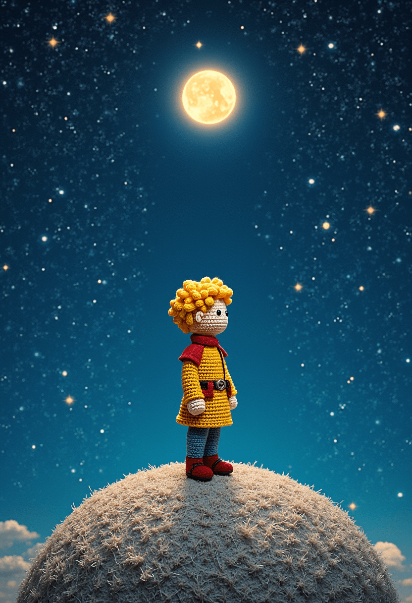 AI generated: the little prince standing on small planet in starry sky, by saint exupery, crocheted style