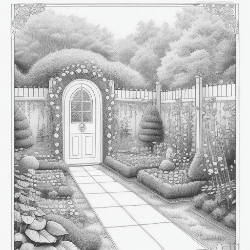 AI generated: Garden coloring page, a magical garden with beautiful roses, well detailed, black lines white backgr...