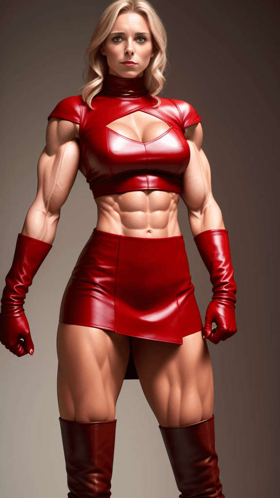 AI generated: Charlotte weidenbach as strong muscular woman, toned biceps, wears red Leather skirt, red Leather Gl...