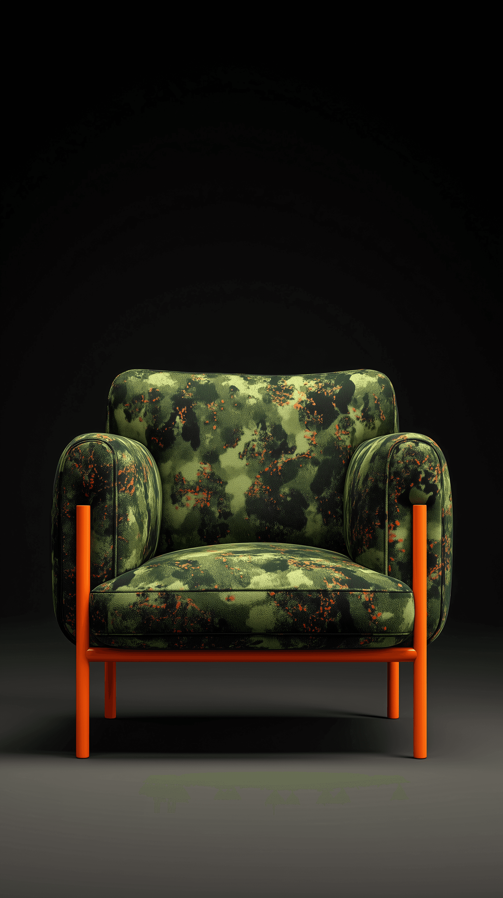 AI generated: productive photography, front view, contemporary design chair, deep green palette camouflage fabric,...