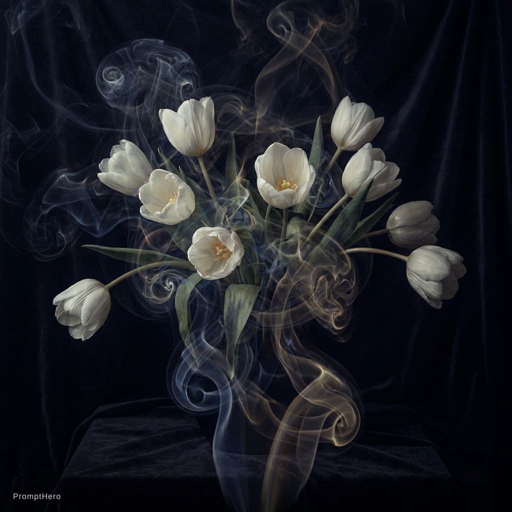 AI generated: white tulip bouquet opening, liquid smoke fractals, elegant botany, dynamic movement, raphael, carav...