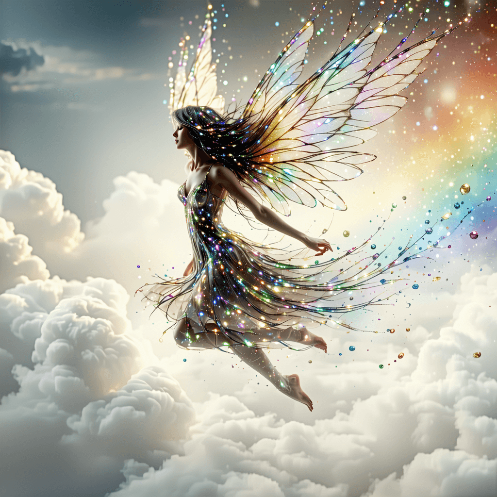 AI generated: A whimsical winged pixie, her wings shimmering with a rainbow of colors and her long flowing hair tr...