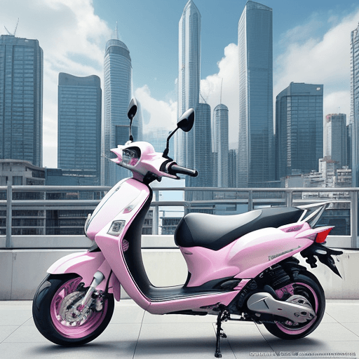 AI generated: Three Yamaha Grand Filano scooters, displayed in white, grey, and pink respectively, parked in front...