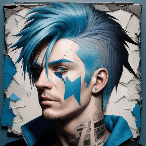 AI generated: man with blue hair, in the style of multi-layered collages, edgy street art, celebrity-portraits, ca...