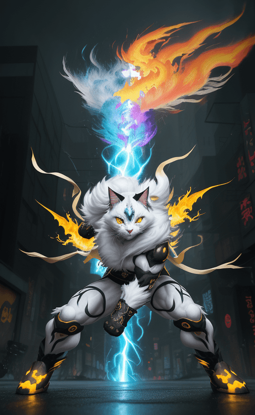 AI generated: painterly style, photorealistic, more colorful, rage white fluffy cat cyber shadow  ninja warrior , ...