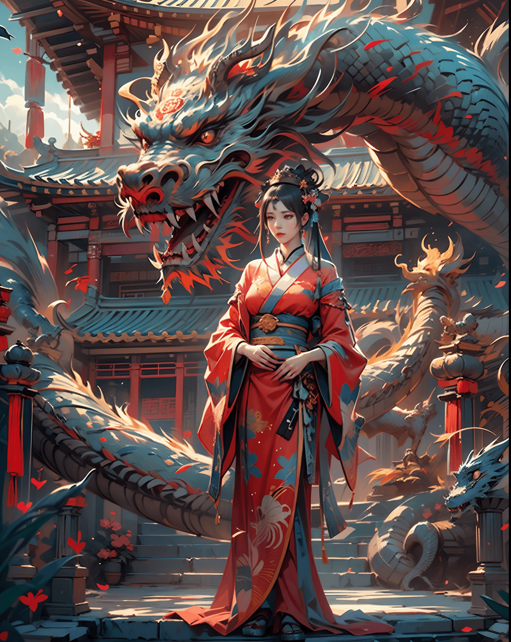 AI generated: masterpiece, mid shot, highly detailed, concept art, centered, (1girl:1.5), kimono, standing next to...