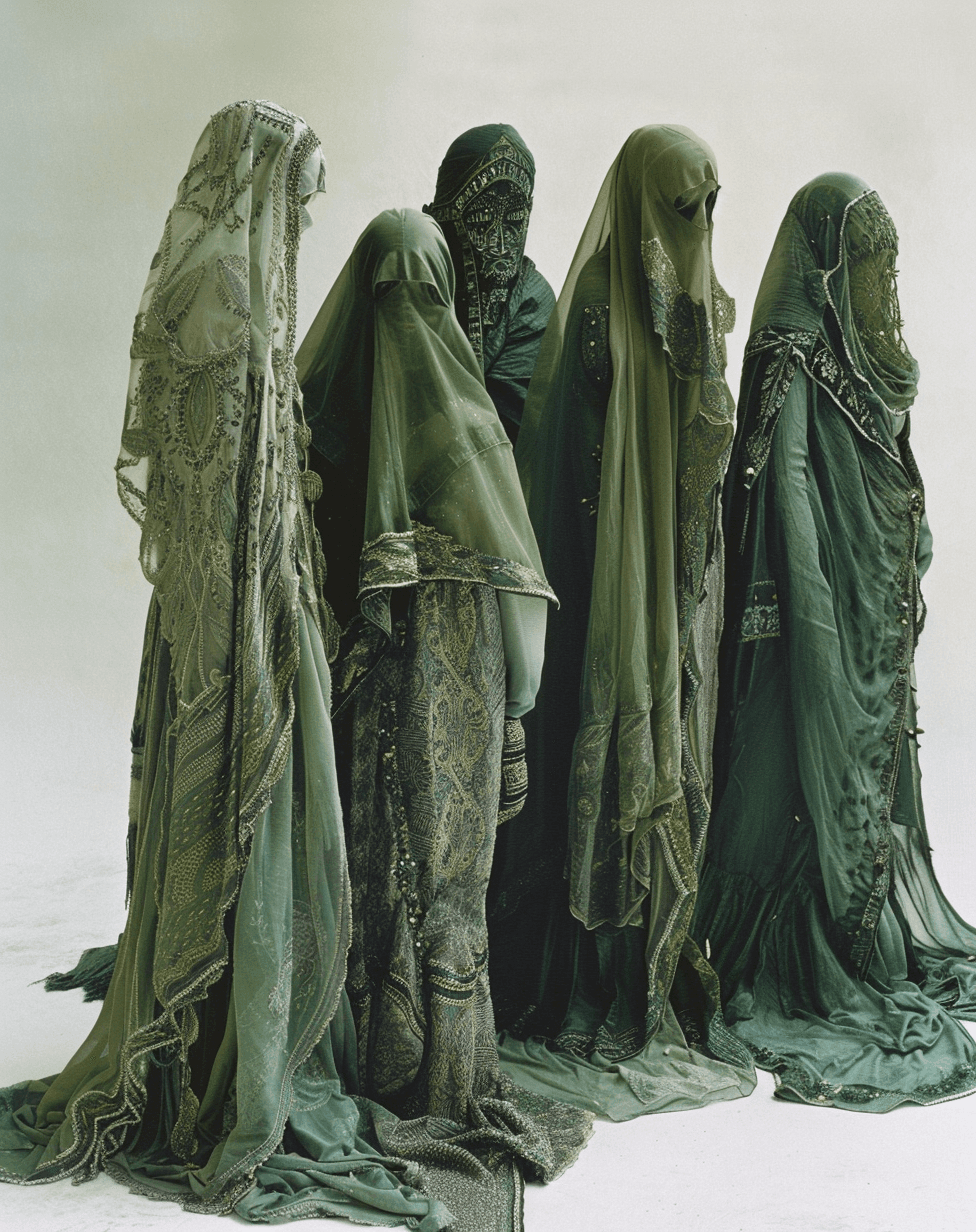 AI generated: A fashion photography of a group wearing traditional Middle Eastern , in a white studio with a green...