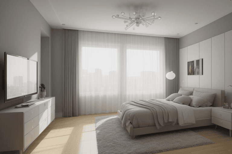 AI generated: interior design, modern bedroom, bedroom, modern, window, wide angle, wideangle, photo, photorealist...