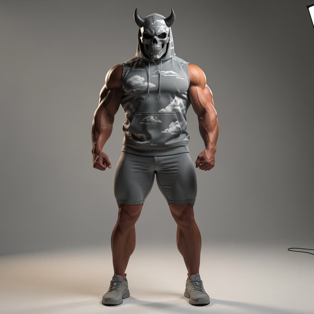 AI generated: A big muscular man wearing grey short shorts and a grey short with no sleeves and a hood  plus a gre...