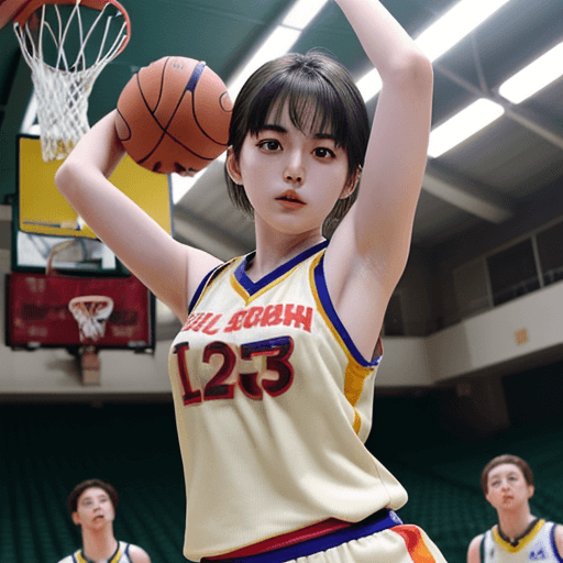 AI generated: 22/7, Takigawa miu using basket ball uniform, show her armpit with armpit hair