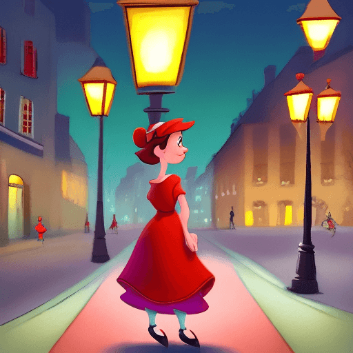 AI generated: girl in the middle of the street, standing by street lamps, in the style of cartoonish features, fre...