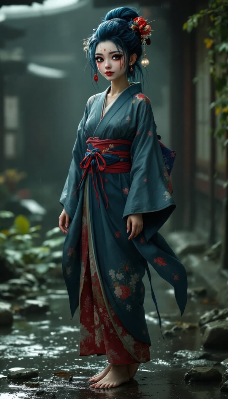 AI generated: Full body view of a beautiful bluehair woman in kimono barefoot, and geisha makeup with dark eyes, o...