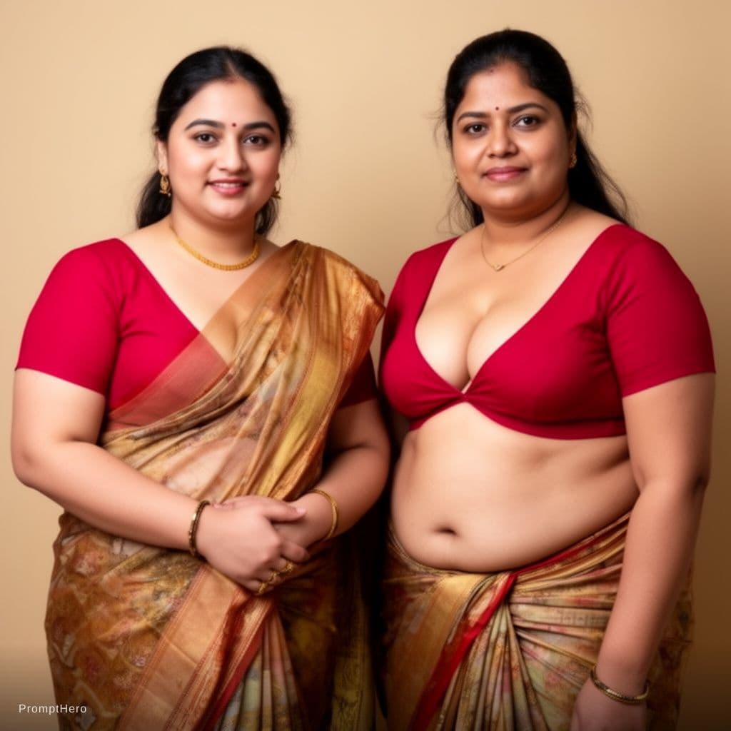AI generated: A 24 year fair ,chubby ,  indian girl wearing only a deep neck blouse with saree and holding pallu w...