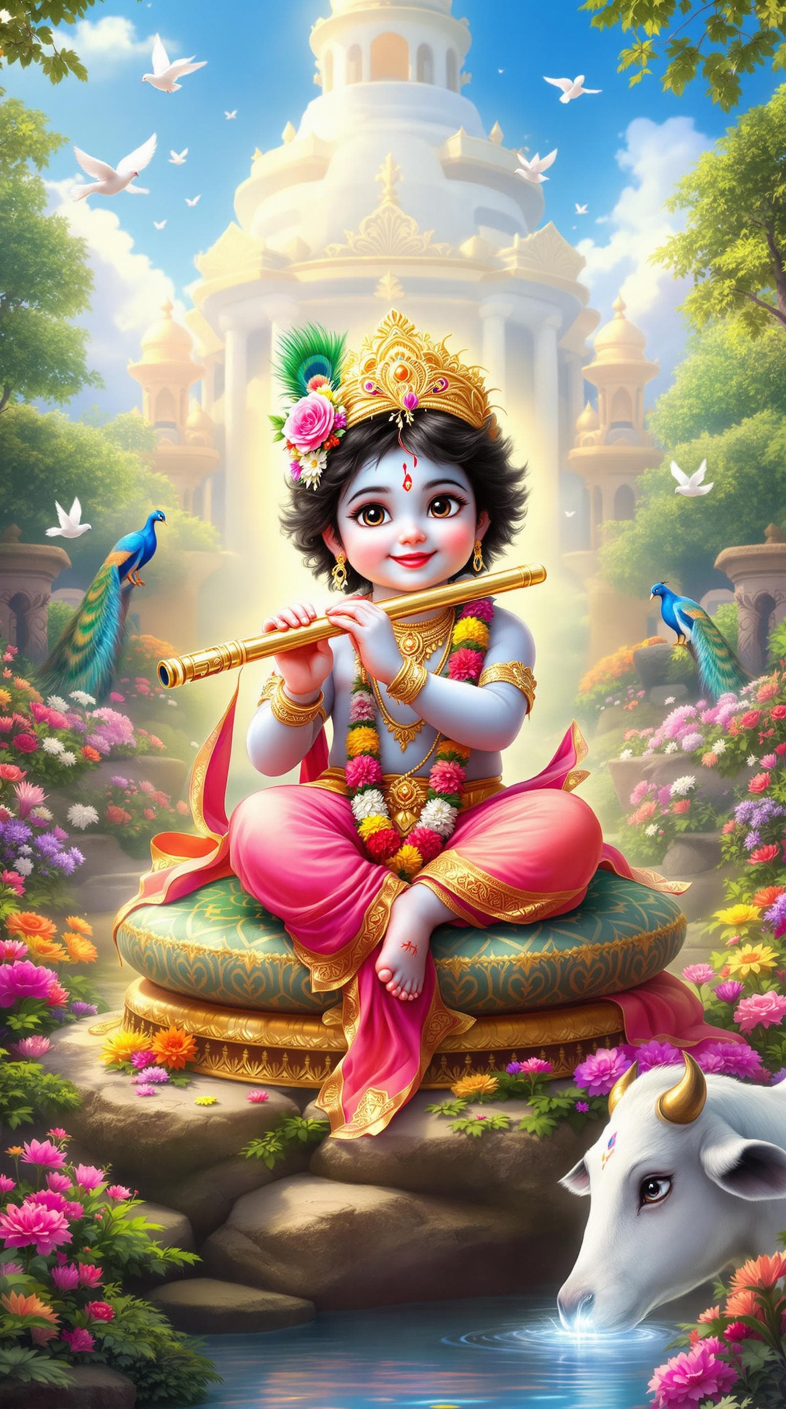AI generated: "A divine, ultra-HD 8K vertical digital painting of baby Lord Krishna sitting on a decorative cylind...