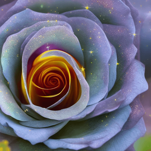 AI generated: rosa negra con aura dorada eterea brillante a su alrededor, en un campo de flores en la noche