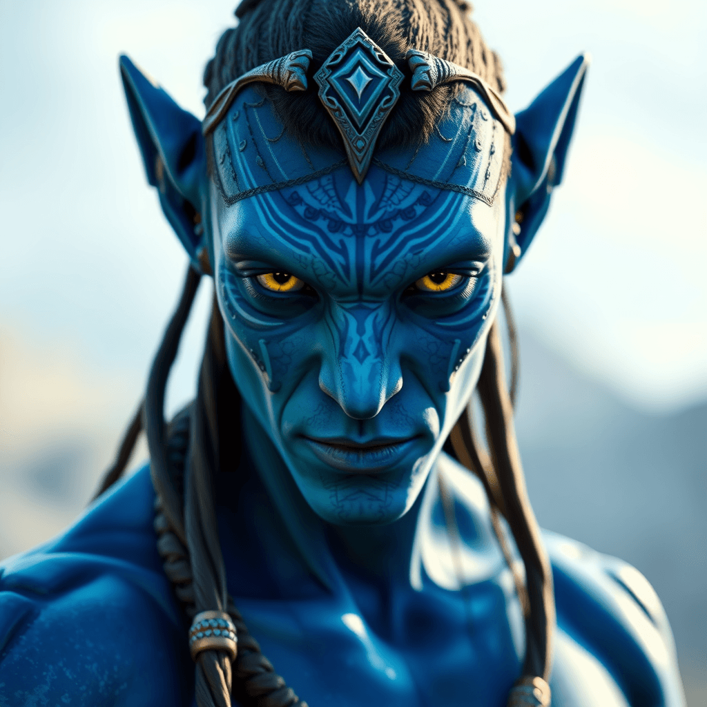 AI generated: Male omaticaya Na'vi from James Cameron's avatar movie, blue skin, adult, Avatar 2009