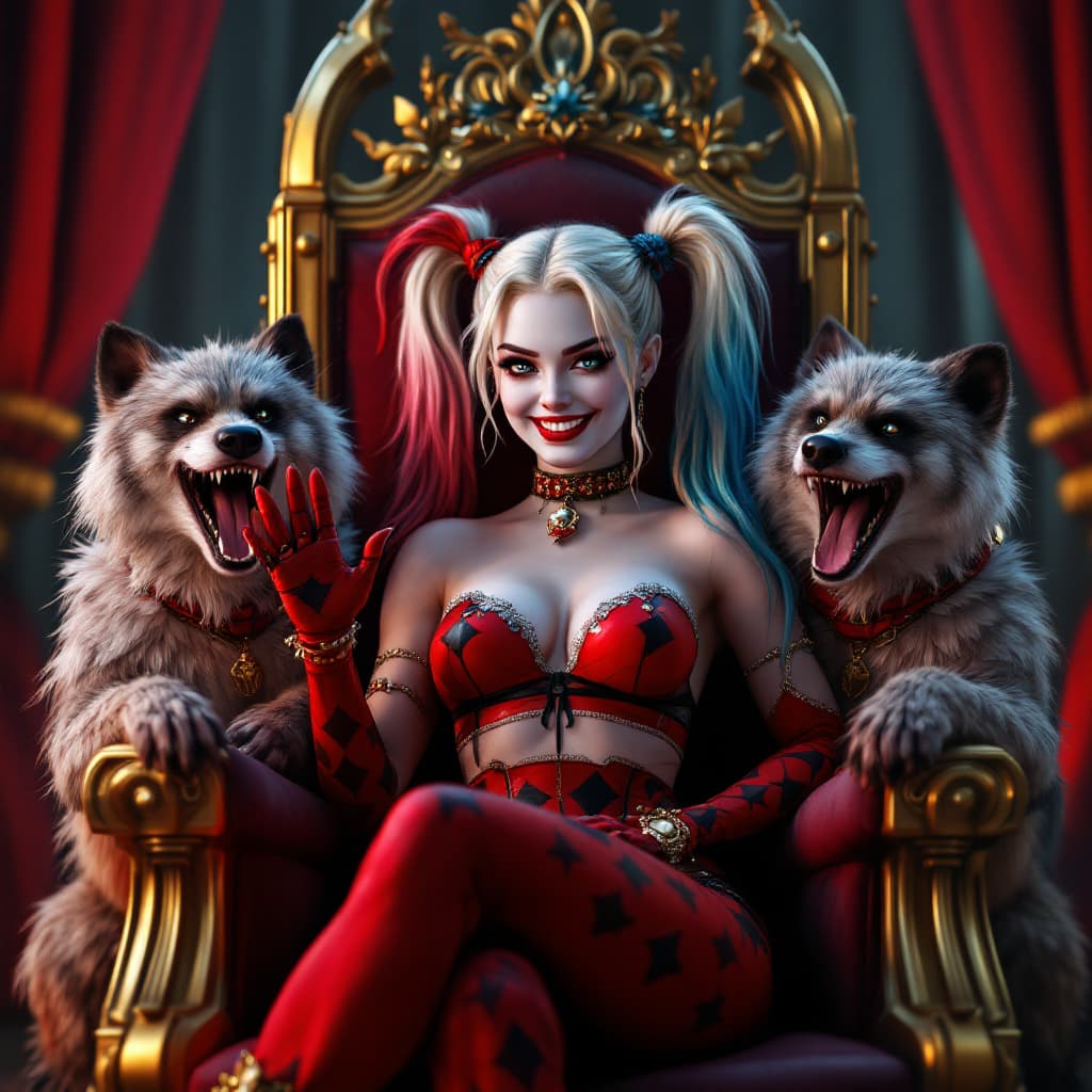 AI generated: A Full Body photo shot of Classic Harley Quinn, sitting on her throne chair, smile (happy), beauty, ...