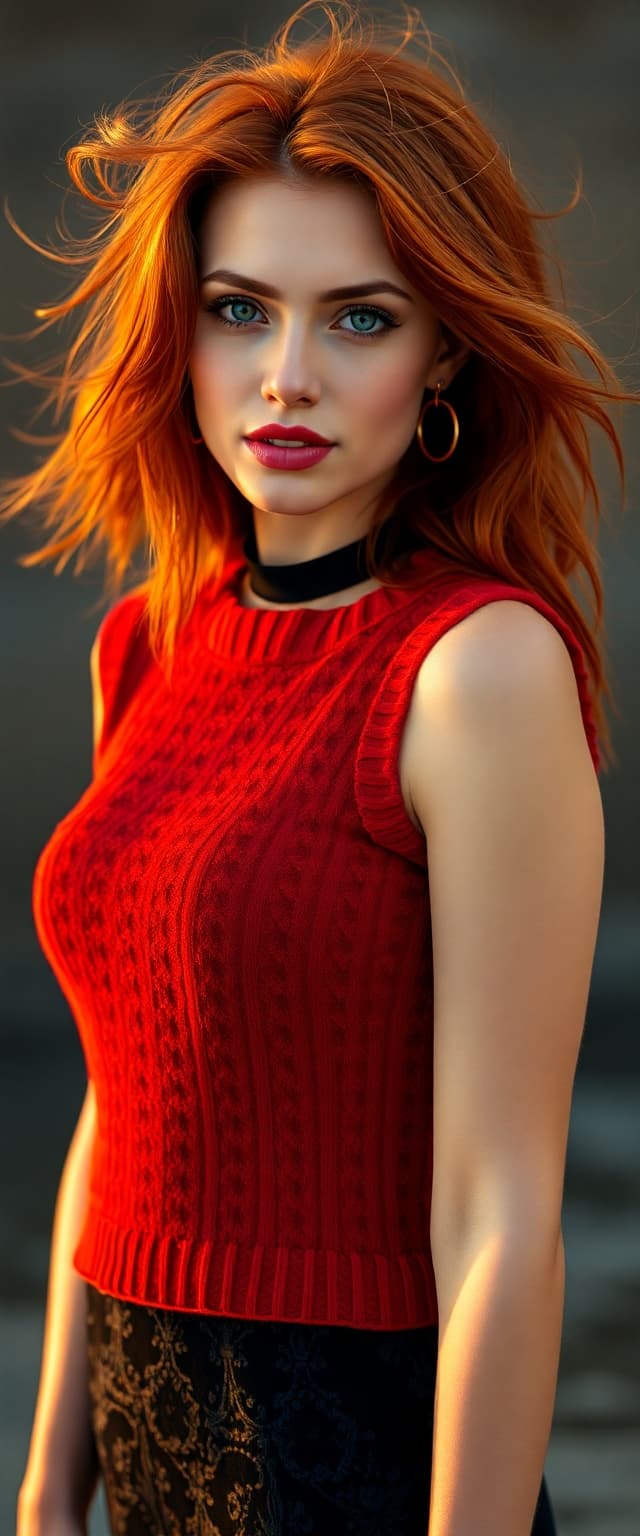 AI generated: "High resolution, full body portrait photograph of a slender, stylish redhead supermodel. Her red ha...