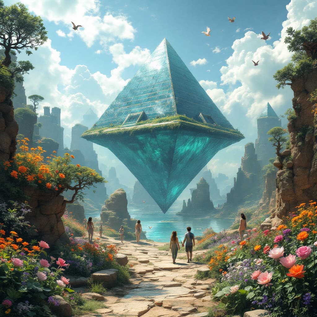 AI generated: a fascinating world with floating pyramids that can be seen through, and flying dogs and beautiful p...