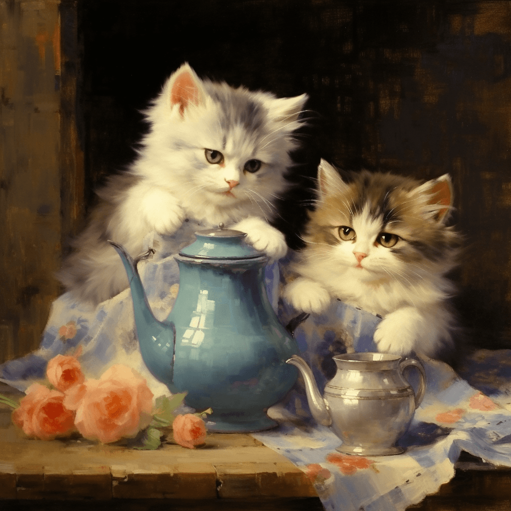 AI generated: kittens making tea, coffee and chocolate, fetching meals from the kitchen, wines from the cellar