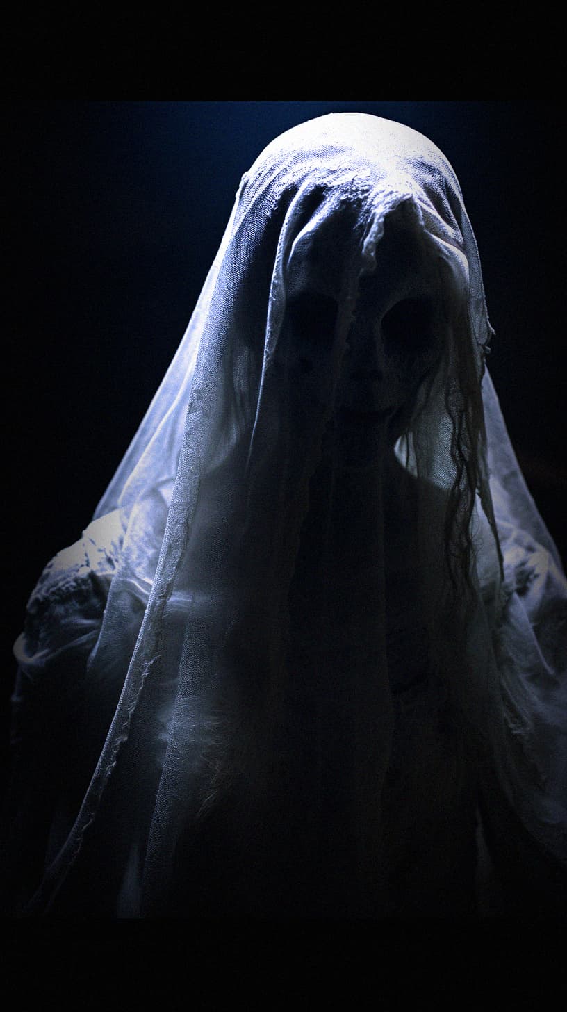 AI generated: Scary bride ghost, tattered bridal gown, close-up, subtle illumination, horror, dark and haunting, h...