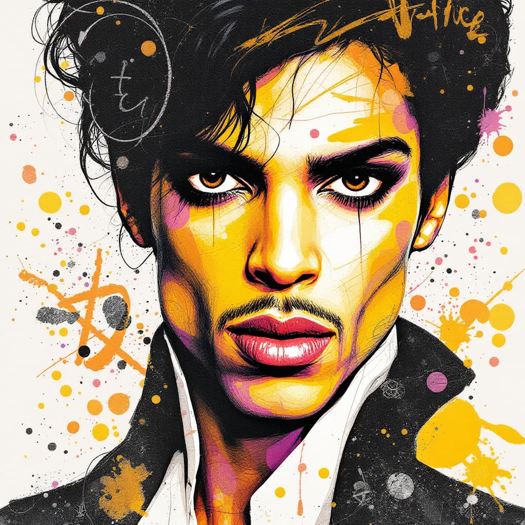 AI generated: A mixed media collage featuring Prince famous singer  figure with expressive eyes, adorned in vibran...
