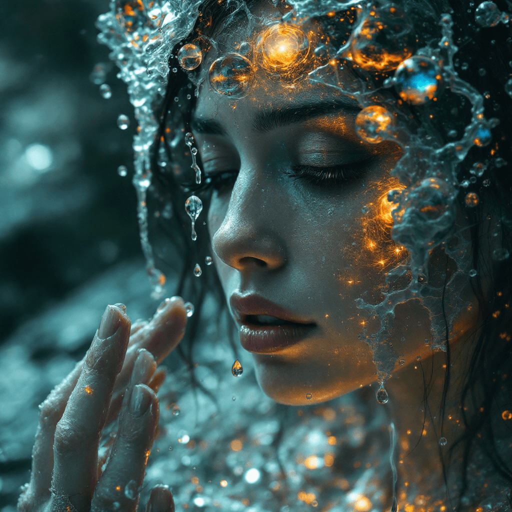 AI generated: Surreal epic scene where a woman’s tears form entirely new worlds, each drop shaping and changing re...