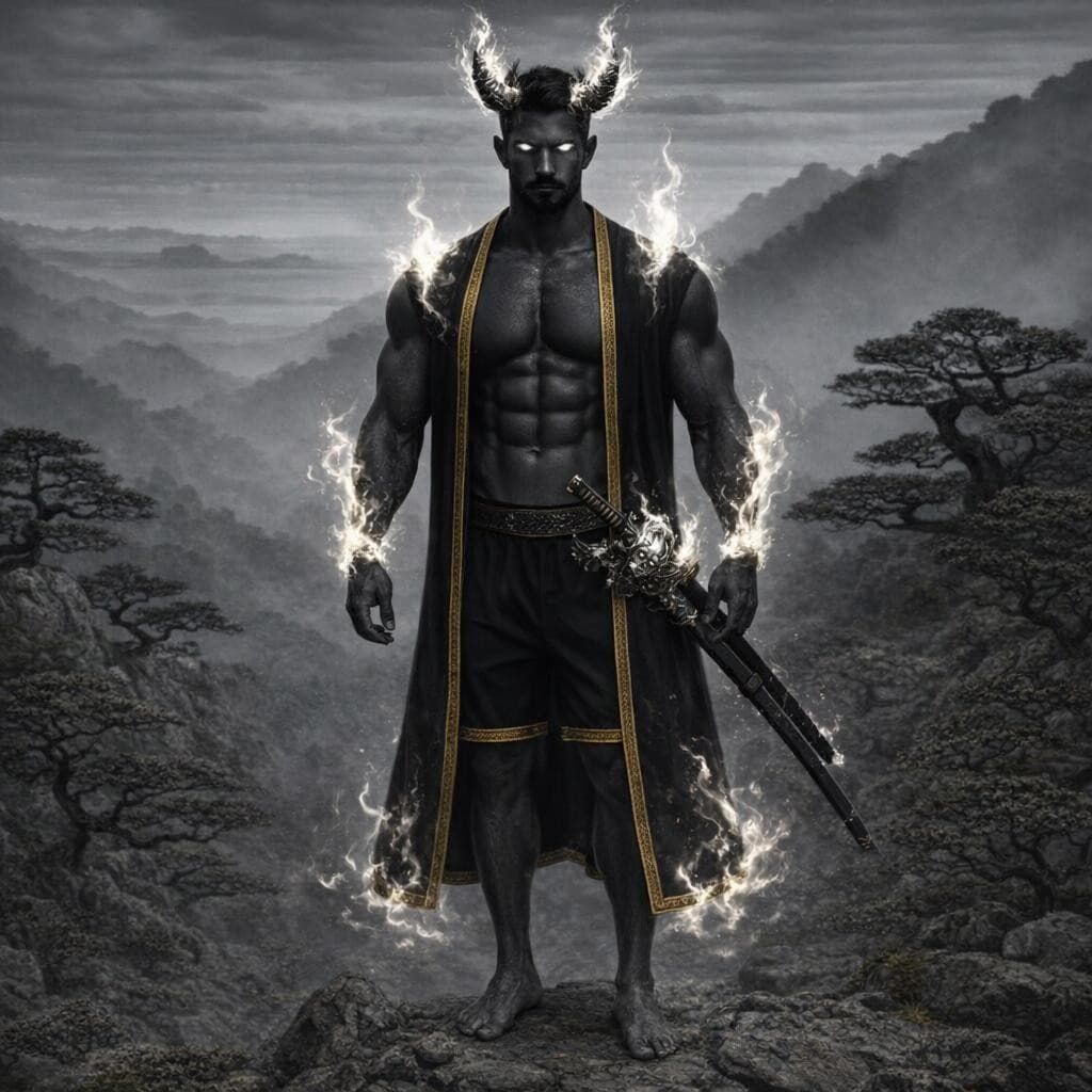 AI generated: Create a demonic version of this man keeping most of the original features with dark grey skin and u...