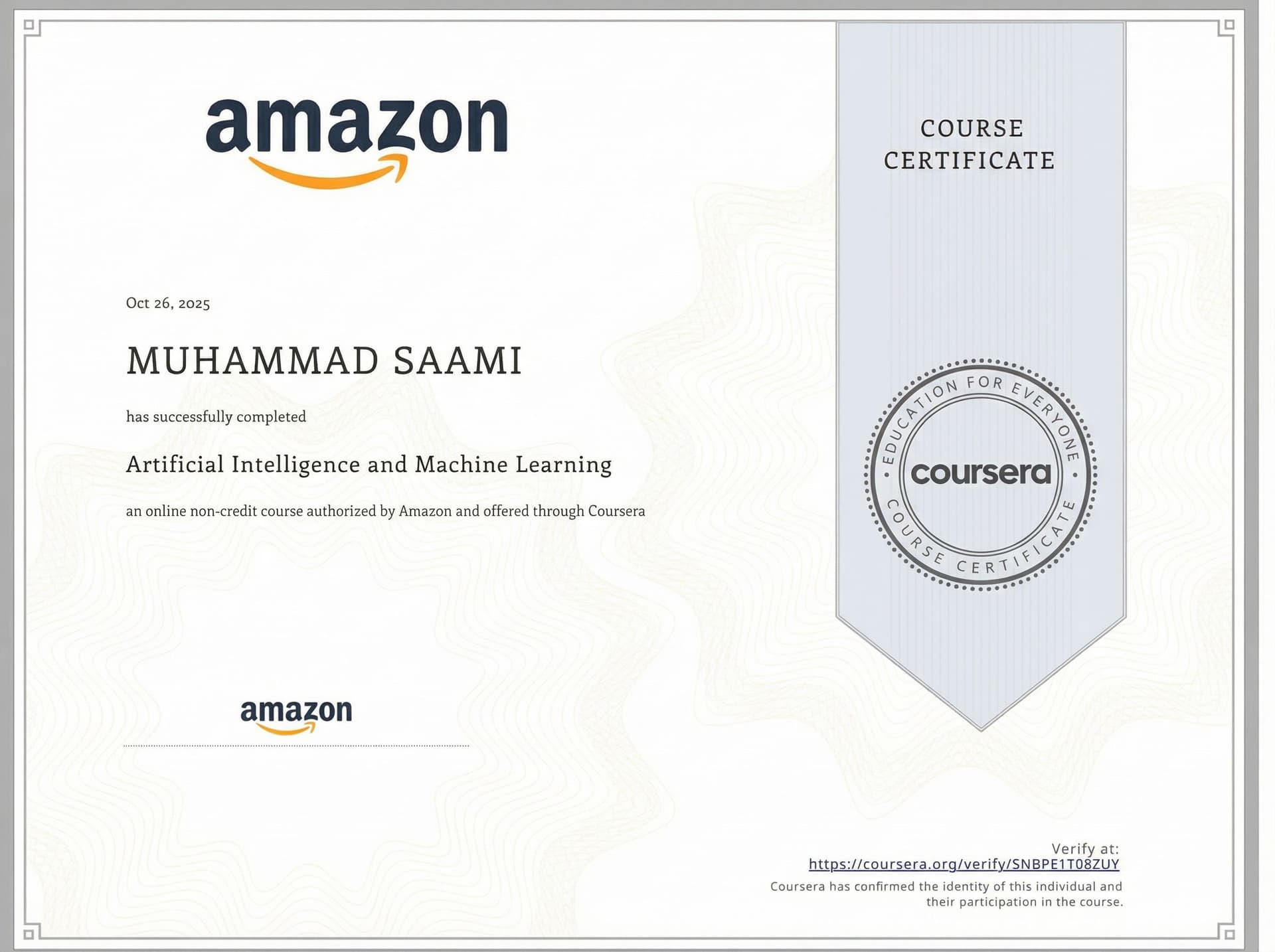 AI generated: change sthe name go with Muhammad Saami and completion certificate in  and changes the Artifical ine...