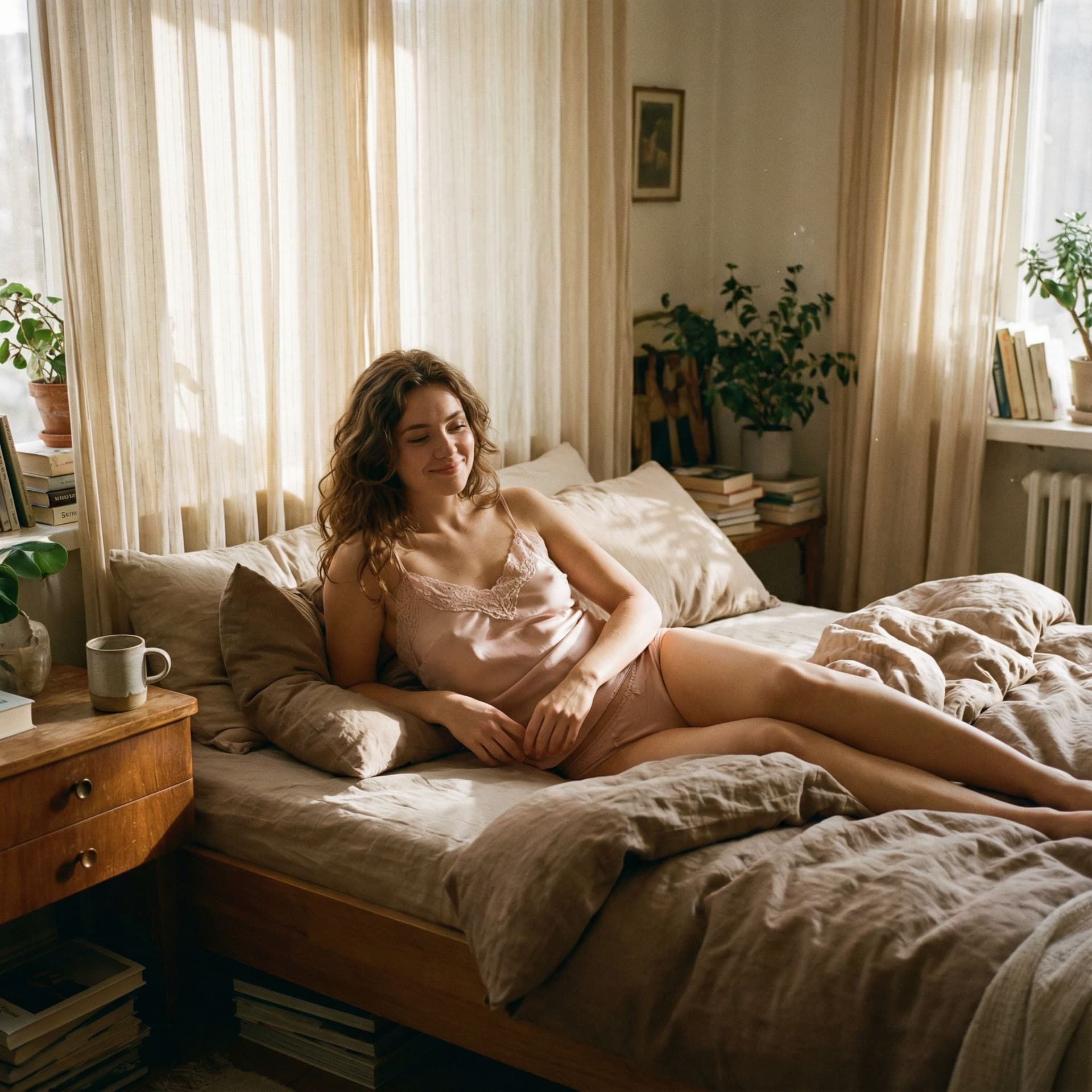 AI generated: Soft morning light pours through sheer curtains, gilding a cozy, rumpled bed in honeyed warmth. At i...