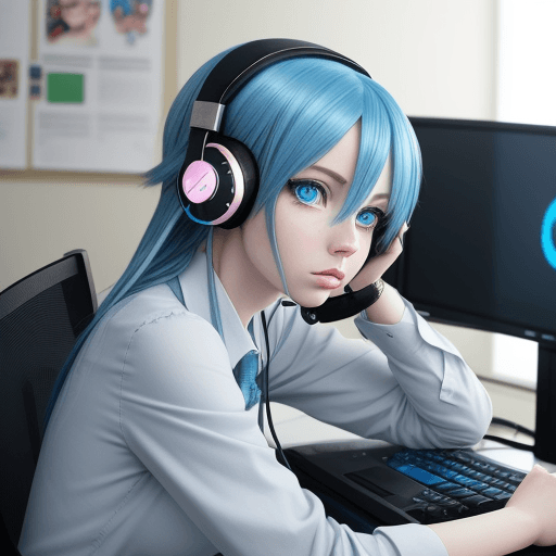 AI generated: anime girl with blue eyes and blue hair at a computer desk and wearing headphones