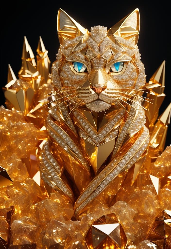 AI generated: a close up of a cat (made from a many gold cristal fragmrnts:1.2), (crystal cubism:1.2), a 3D render...
