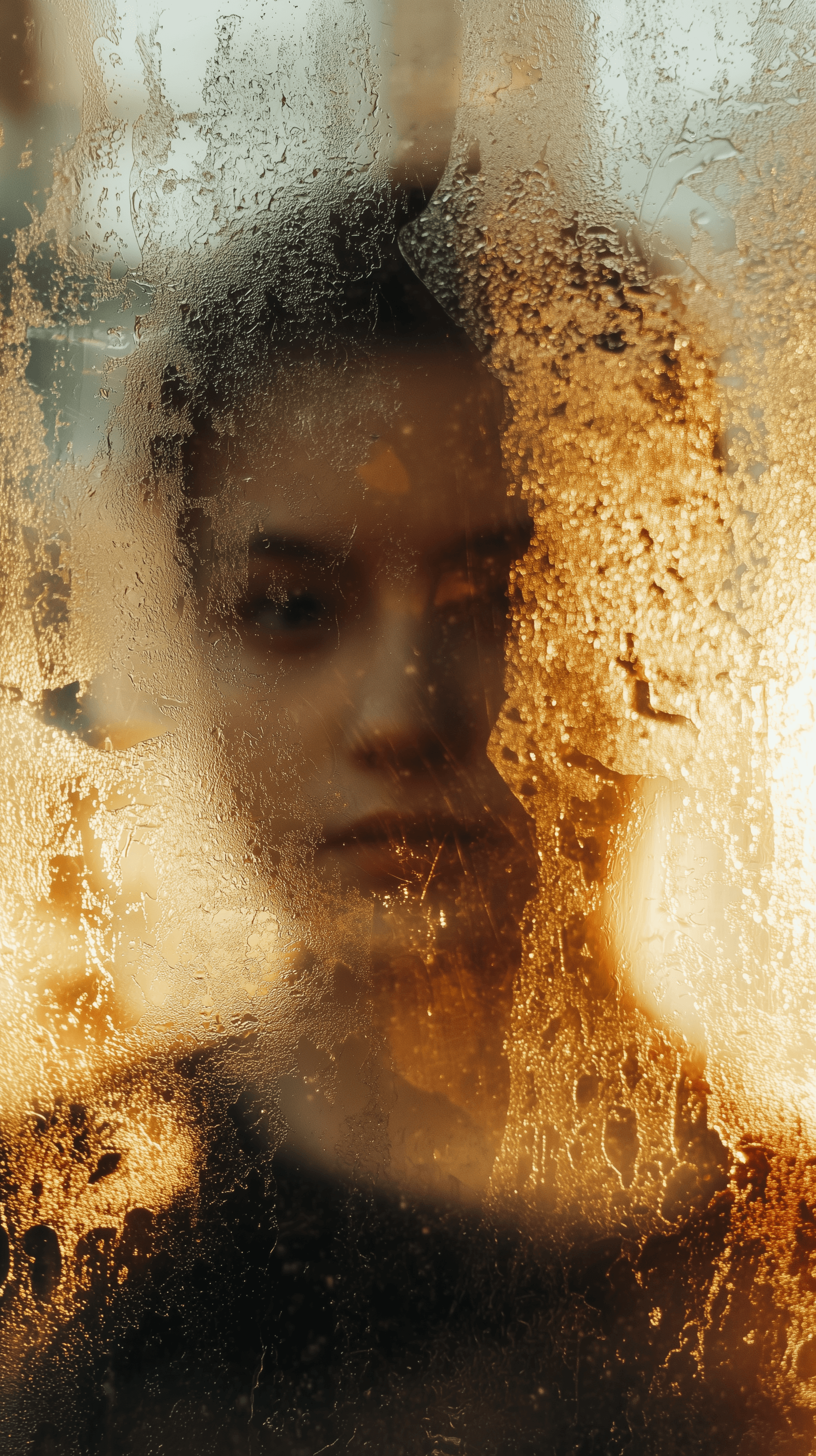 AI generated: photography, front view, frosted texture glass with moisture-expressed, silhouette of a woman faintl...