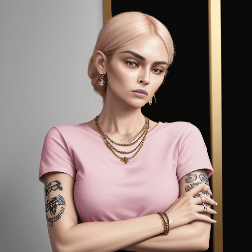 AI generated: a woman in pink shirt with her arms folded against , in the style of tattoo, normcore, dark gold, ha...