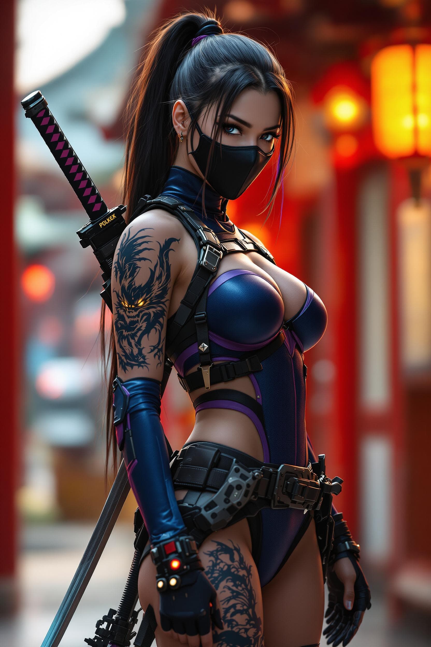 AI generated: A cinematic mid-body shot,capturing a battle-ready female warrior from her thighs to upper torso,she...