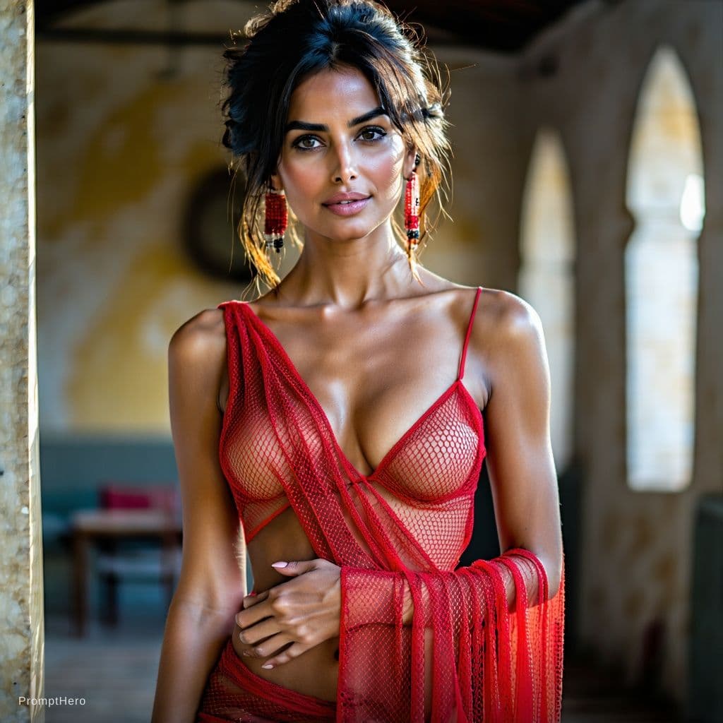 AI generated: beautiful  hot sexy girl red net saree, sleeveless, deep neck blouse ,revealing navel. give sexy pos...