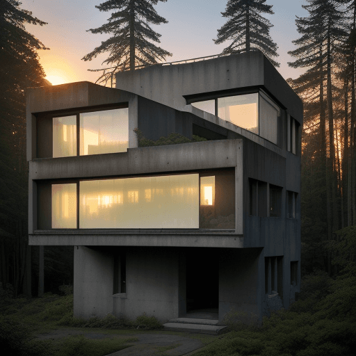 AI generated: A realistic photo of a house in brutalist style, where the walls are predominantly made of windows. ...