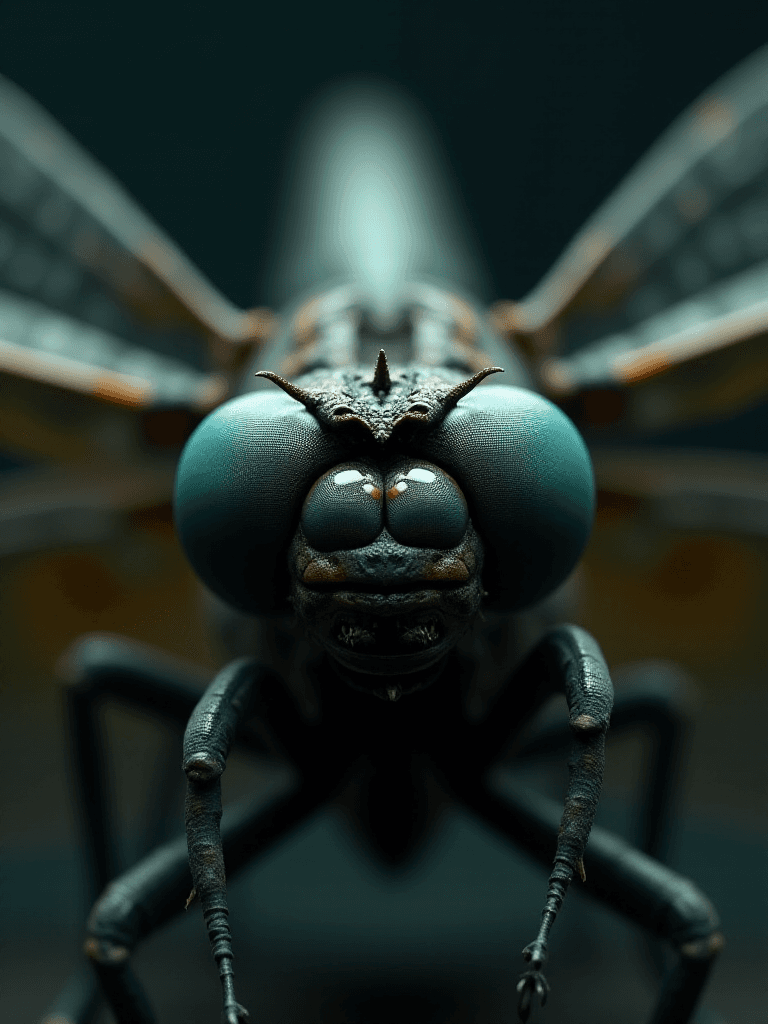 AI generated: A cinematic, 3D rendered macro photograph of an ancient humanoid grotesque dragonfly. The dragonfly ...